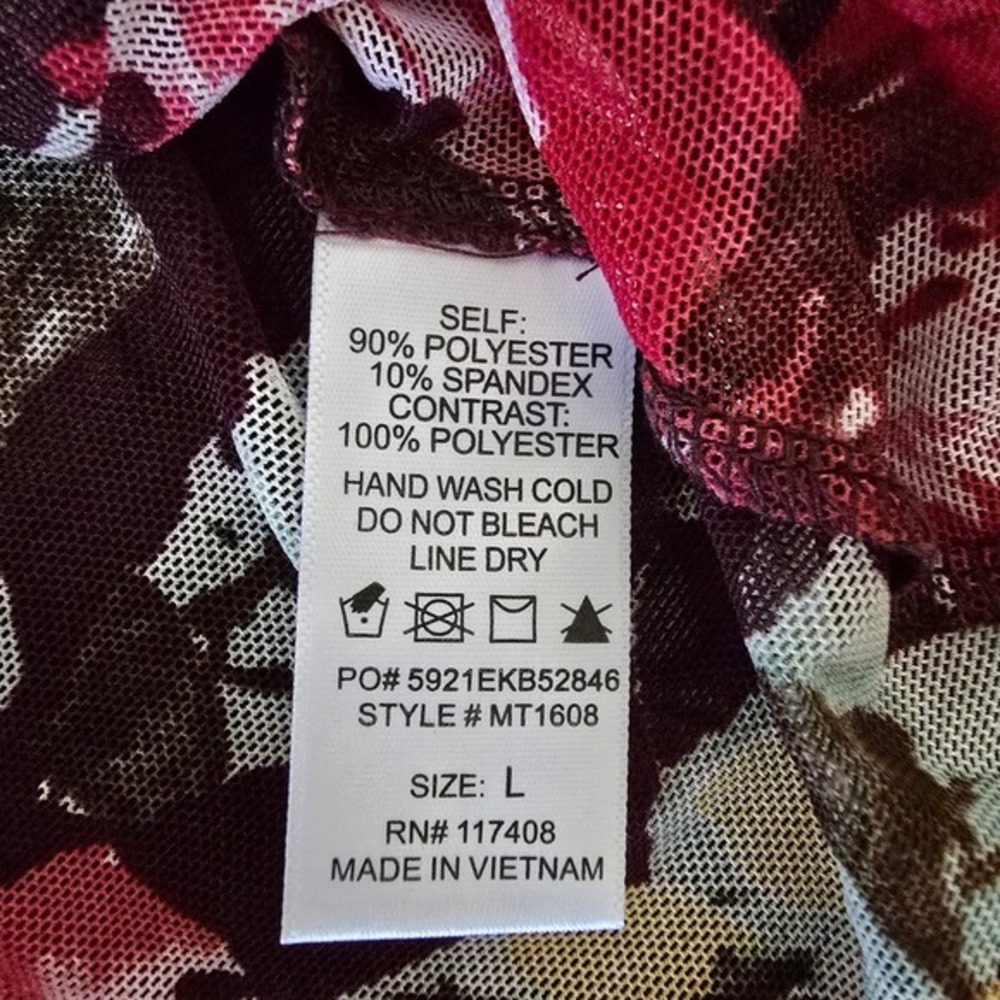 Burgundy Floral Sheer Mesh V-Neck Long Sleeve Top with Zipper Accents Size Large - Picture 6 of 8